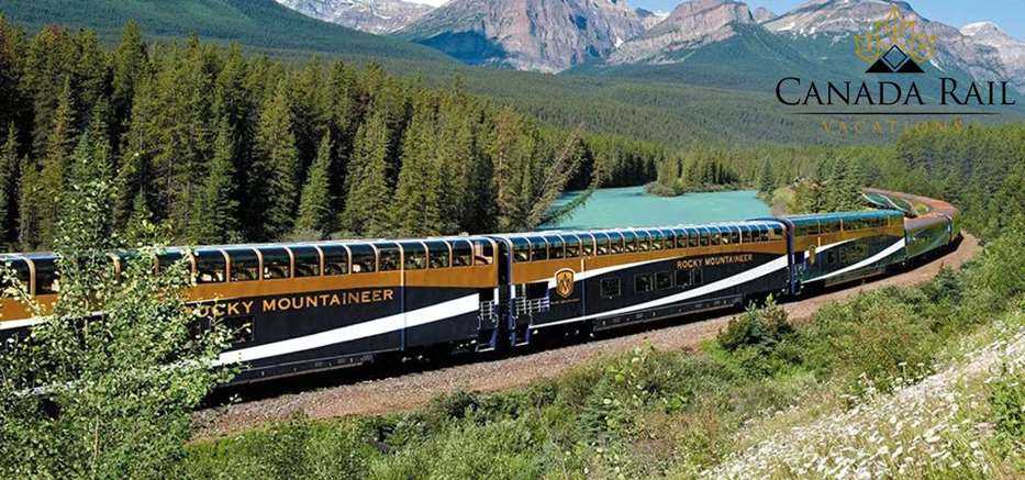 Rocky Mountaineer train crossing bridge on the way to Banff